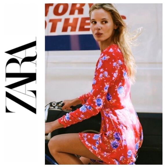 NWT Zara Blogger’s Favorite Red Floral Long Sleeve V-Neck Wrap Dress, Small - Picture 1 of 16